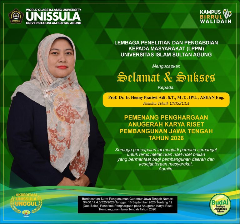 Civil Engineering Study Program Lecturer Prof. Dr. Ir. Henny Pratiwi Adi, S.T., M.T., IPU., ASEAN Eng., Wins Central Java Development Research Award 2026